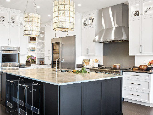 a kitchen with a large island